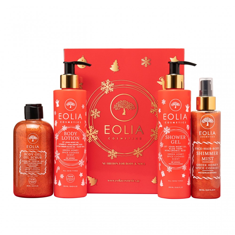 Eolia Cosmetics Gift Box Body Lotion, Body Gel Scrub, Shower Gel & Body Mist με άρωμα Μελομακάρονο